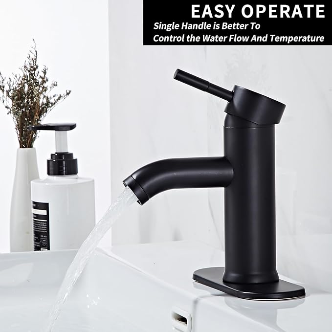 Black Bathroom Sink Faucet Single Hole Single Handle Bathroom Faucet Modern RV Faucet Commercial Washbasin Faucet Countertop Installation with Deck, Pop-up Drain and Supply Hoses