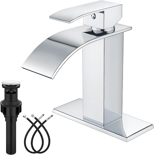 Midanya Bathroom Faucet with Waterfall Spout, Single Hole or 3-Hole Deck Mount, 304 Stainless Steel Sink Faucet with Pop-Up Drain, RV Vanity Compatible,Polish Chrome