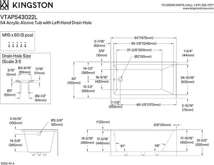 Kingston Brass Aqua Eden VTAP543022L 54-Inch Acrylic Alcove Tub with Left Hand Drain, White