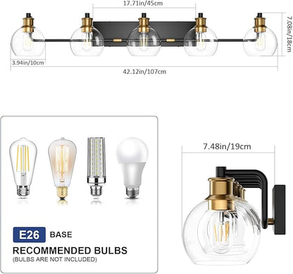 Tipace Vintage Vanity Light Fixture,5-Light Industrial Black & Gold Bathroom Lighting with Globe Clear Glass Shades Farmhouse Bath Lighting (Exclude Bulb)