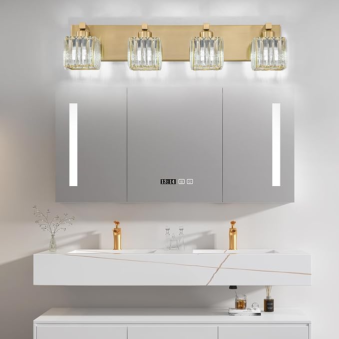 Gold Crystal Bathroom Vanity Lights, 4 Lights Bathroom Lighting Fixtures Over Mirror Modern Gold Crystal Bath Wall Light with Square Shade