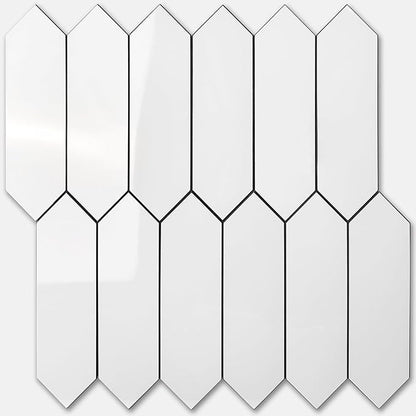 Vamos Tile 1 Sheet Glossy White Backsplash Tile Peel and Stick, 12.8 x 12.8 Inch Long Hexagon PVC Self Adhesive Mosaic Wall Tiles with Dark Gray Grout Stick on Backsplash for Kitchen and Bathroom