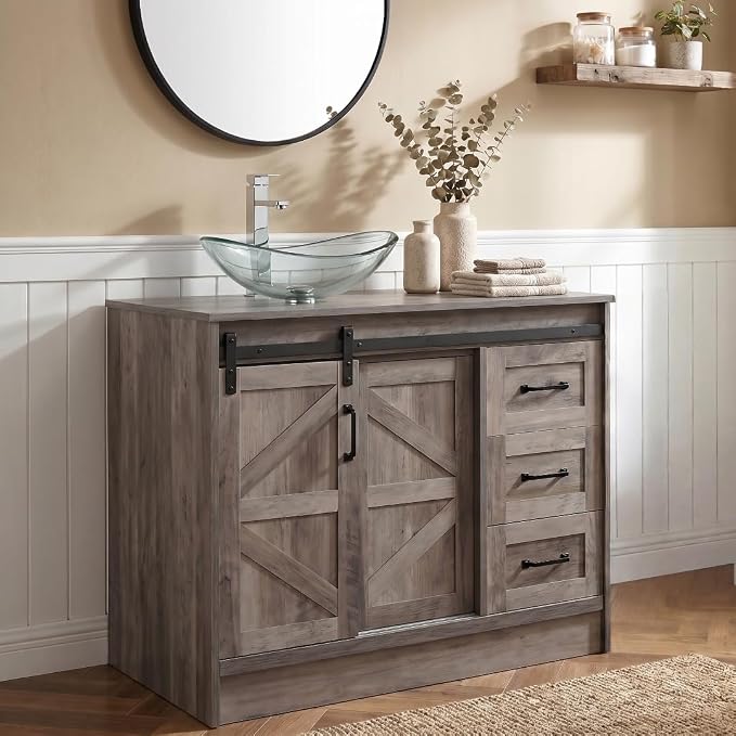 36" Farmhouse Bathroom Vanity with Sink, Bathroom Storage Cabinet with Sliding Barn Doors & Drawers, Freestanding Vanity with Clear Boat Glass Vessel Sink Combo Set