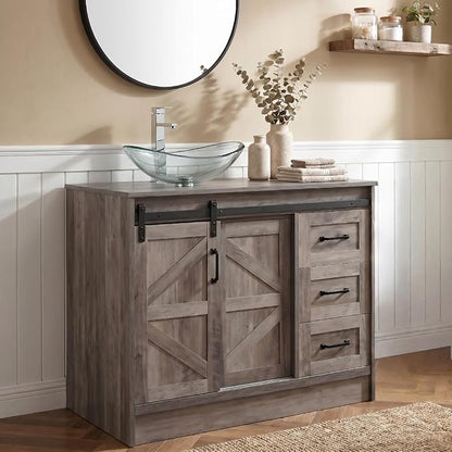 36" Farmhouse Bathroom Vanity with Sink, Bathroom Storage Cabinet with Sliding Barn Doors & Drawers, Freestanding Vanity with Clear Boat Glass Vessel Sink Combo Set