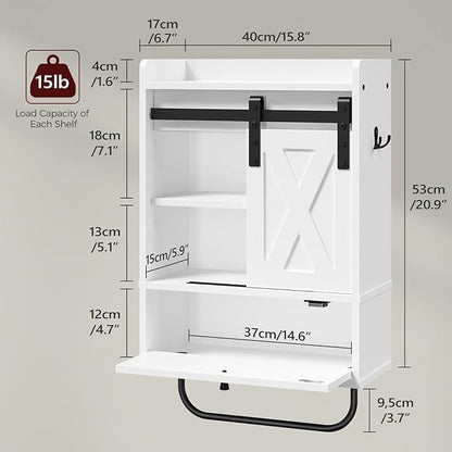 Bathroom Wall Cabinet, Farmhouse Medicine Cabinets with Sliding Door, Wall Mounted Storage Cabinet with Adjustable Shelf and Towel Bar, for Bathroom, Living Room, Kitchen, White