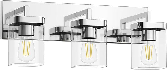 Chrome Bathroom Vanity Light, Square Design 3 Lights Morden Vanity Lighting Fixtures Over Mirror, Bathroom Light Fixtures for Living Room/Bedroom