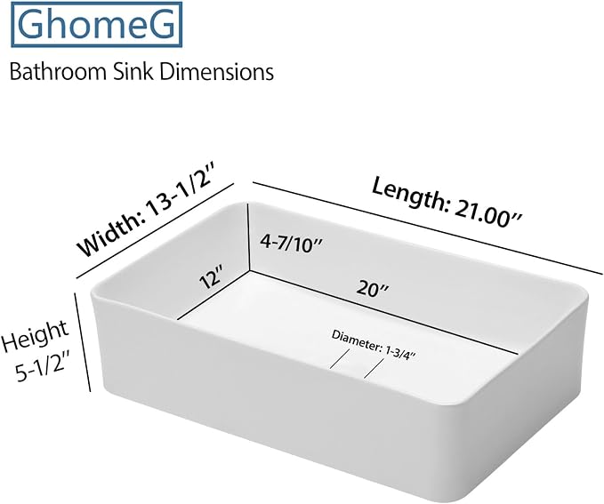 White Bathroom Vessel Sink Ceramic Vanity Art Basin Above Counter | 21"x14" Rectangular Bathroom Sink Porcelain Vessel Vanity Sink