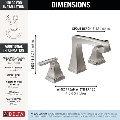 Delta Ashlyn Brushed Nickel Bathroom Faucet 3 Hole, 8 Inch Widespread Bathroom Sink Faucet for Vanity, Metal Push-Pop Drain Assembly, Stainless 3564-SSMPU-DST