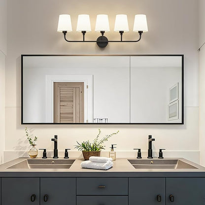 Bathroom Vanity Light, Matte Black Bathroom Light Fixtures, 5-Light Lighting Fixtures Over Mirror, Modern Wall Sconce with Flared White Fabric Shade, E26 Socket(ETL Listed)