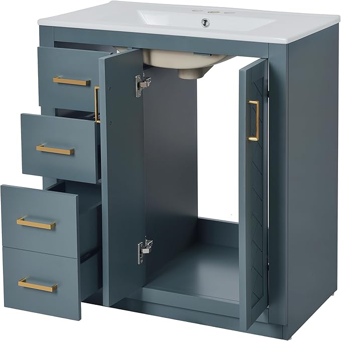 Merax Herringbone Single Sink Bathroom Vanity, Freestanding 30" Modern Bathroom Vanity Storage Cabinet with 3 Drawers and 2 Doors, Solid Wood Frame