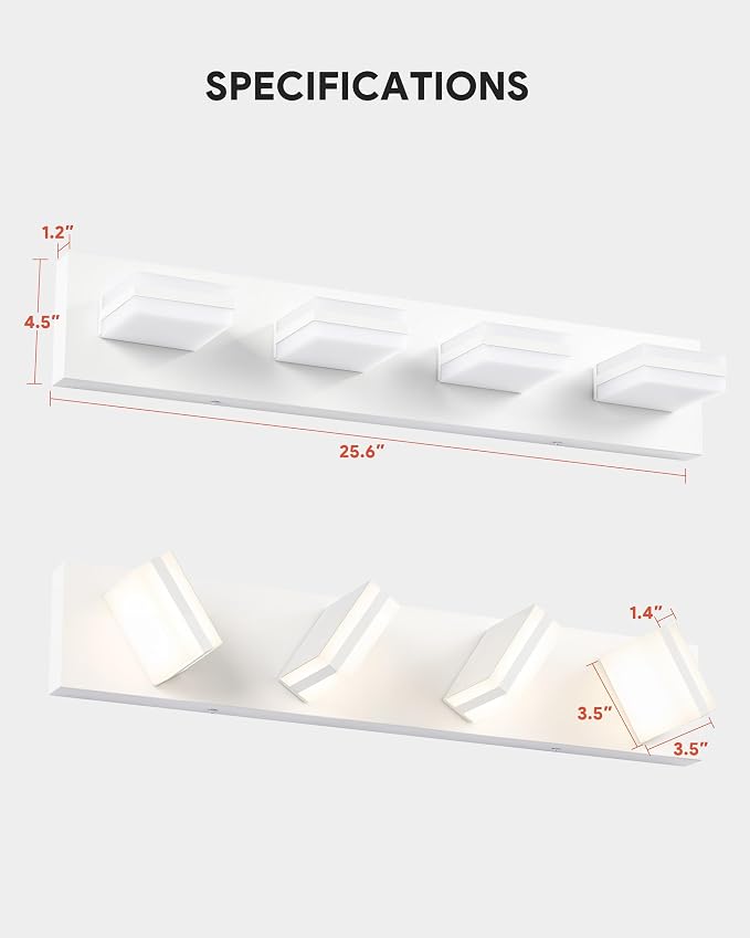 VONLUCE LED Modern Bathroom Vanity Light Fixture, Matte White | 26'', 4-Light, 3CCT, 360° Rotate, High CRI, Flicker-free, Dimmable, Memory Function, Waterproof IP44, Easy Installation