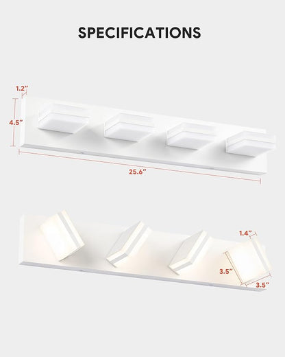 VONLUCE LED Modern Bathroom Vanity Light Fixture, Matte White | 26'', 4-Light, 3CCT, 360° Rotate, High CRI, Flicker-free, Dimmable, Memory Function, Waterproof IP44, Easy Installation