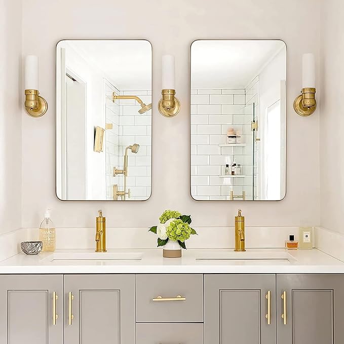 30"x48" Brass Gold Bathroom Mirror, Large Wall Mirror for Bathroom, Rounded Rectangle Mirror in Premium Stainless Steel Metal Frame Hangs Horizontal Or Vertical (Brushed Gold)