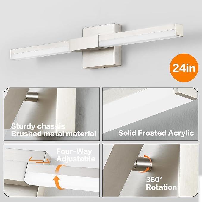 SOLFART Bathroom Light Fixture Dimmable: Brushed Nickel 24-Inch Built-in Step Dimming Vanity Lights for Bathroom ETL IP44