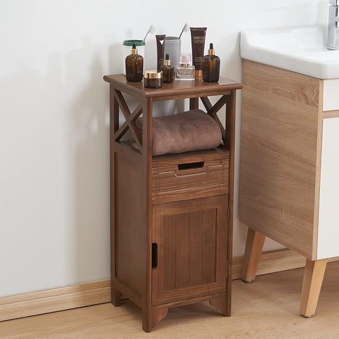 30 Inches Tall End Table, Fully Assembled Bathroom Floor Cabinet with Shelf and Storage, No Assembly Nightstand with Drawer for Bedroom-Walnut