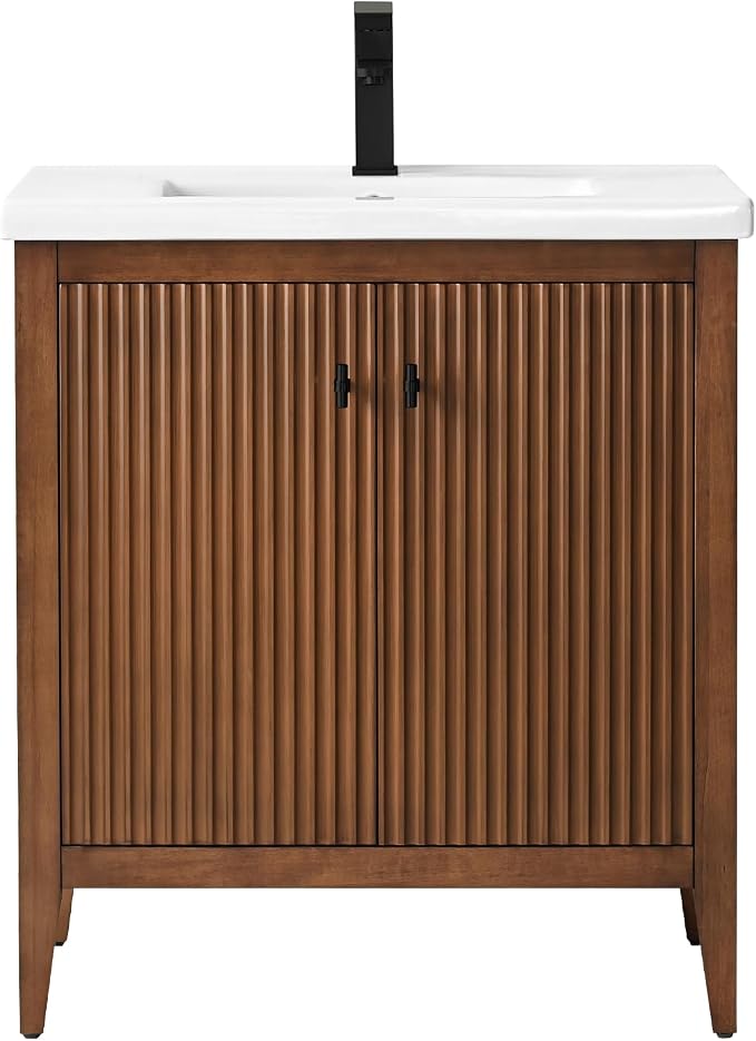 Vanity Art 30 inch Walnut Bathroom Vanity with Single Sink & Ceramic Top, Vanity Cabinet with Soft-Closing Door, Solid Wood Frame, Linear Pattern, Walnut, VA9130-Walnut-MB,Matte Black Handles