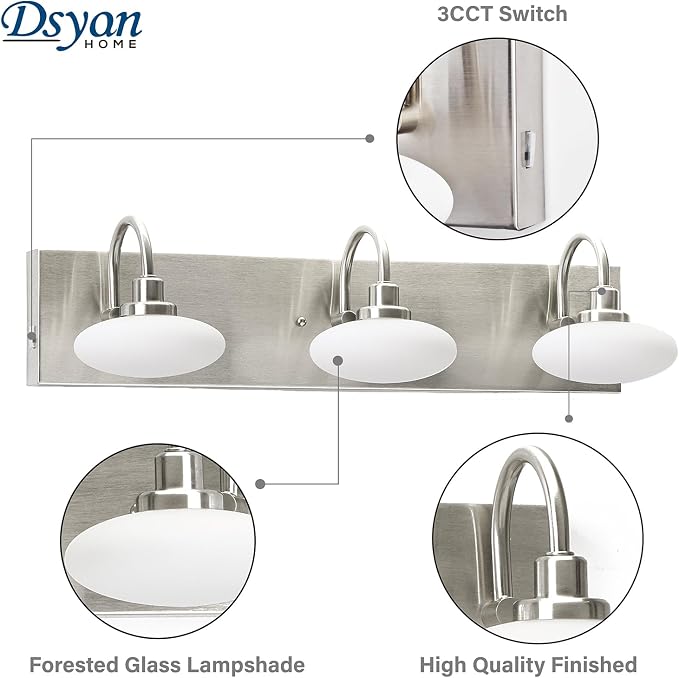 Dimmable LED Bathroom Vanity Light Fixture, 3-Light Brushed Nickel Wall Sconce Lighting Over Mirror,Modern Vanity Light for Cabinet Hallway,3000K-6000K
