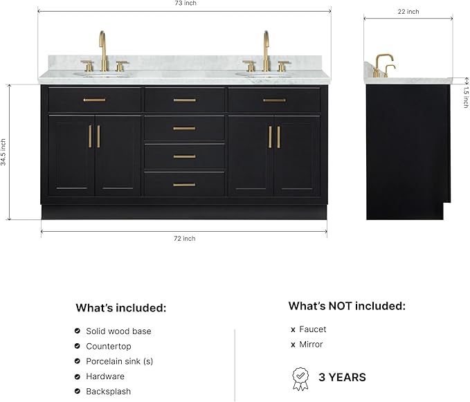 ARIEL Hepburn 72-inch Bathroom Vanity with Sink,Solid Wood, 1.5-inch Italian Carrara Marble Countertop & Backsplash, Double Oval Porcelain Sink, 4 Soft Closing Doors, 6 Dovetail Drawers, Black