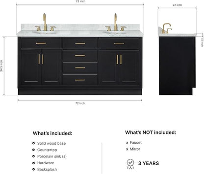 ARIEL Hepburn 72-inch Bathroom Vanity with Sink,Solid Wood, 1.5-inch Italian Carrara Marble Countertop & Backsplash, Double Oval Porcelain Sink, 4 Soft Closing Doors, 6 Dovetail Drawers, Black