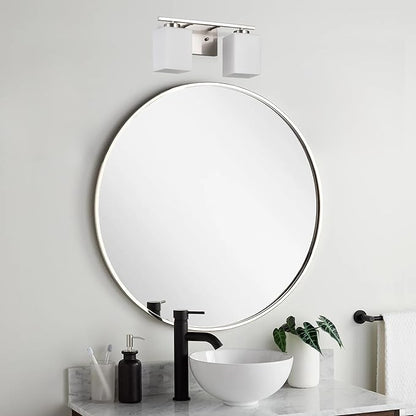 Edvivi Bathroom Light Fixtures, 2-Light Modern Brushed Nickel Vanity Light Over Mirror, Wall Sconces with Square White Glass Shades for Living Room, Bedroom, Hallway, E26 Base