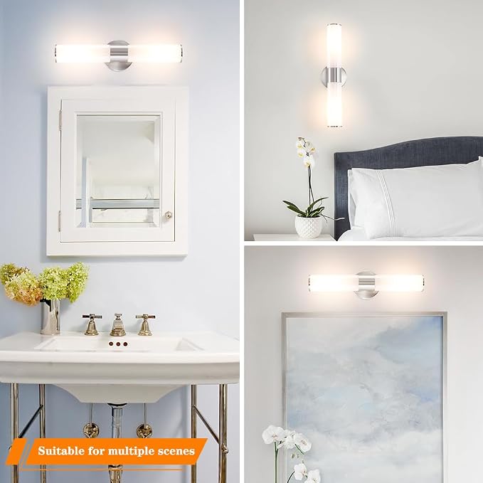 Brushed Nickel Wall Sconces Set of 2 (Hardwired Only), Bathroom Vanity Light Fixtures, Modern Cylinder Glass Wall Lights for Mirror 28-40 in Height, NOT Battery Operated, E26 Base (Bulbs Not Included)