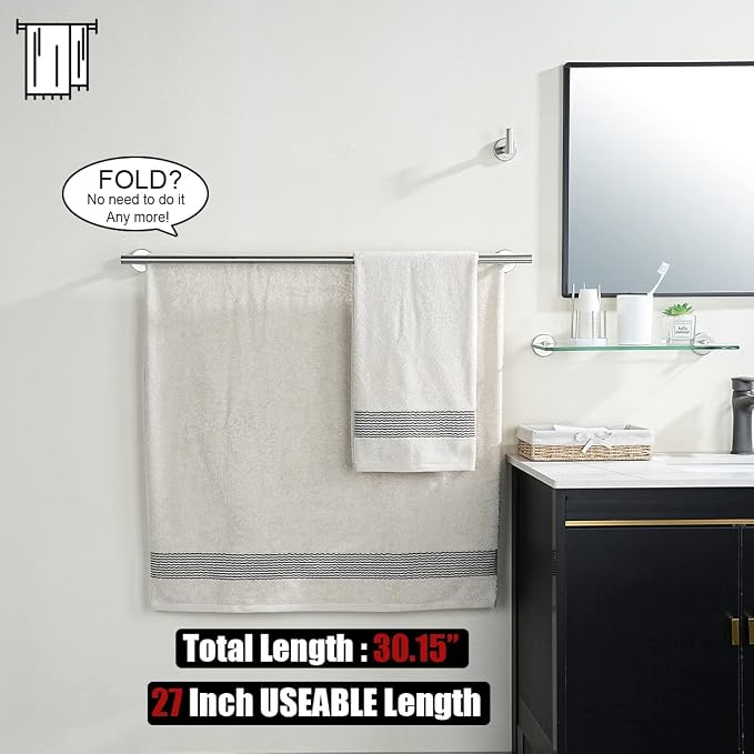 JQK Double Bath Towel Bar, 30 Inch 304 Stainless Steel Thicken 0.8mm Towel Rack for Bathroom, Towel Holder Brushed Finished Wall Mount, Useable Length 27 Inch, TB100L27-BN