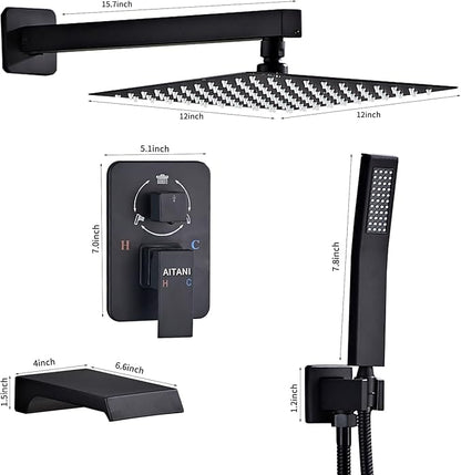 Shower Faucet Set Complete, Shower System Black with 12 inch Square Rainfall Shower Head 3-Function Handheld Shower Waterfall Bathtub Spout Rain Shower Combo Bathroom Wall Mounted fit All Valve Types
