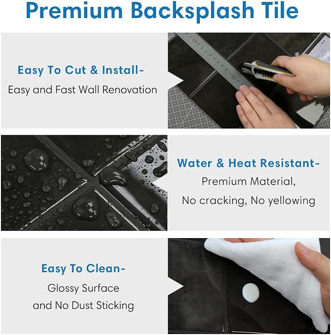 Thicker 3D Peel and Stick Backsplash Tiles, 10 Pcs 12" x 12" | Black Marble, Glossy Self Adhesive Backsplash Wall Sticker for Renter Friendly DIY Wall Makeover, Cover 10 sq ft，Removable