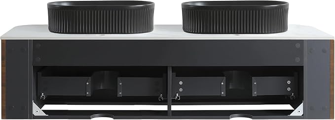 60" Floating Bathroom Vanity with Double Black Sink, Walnut | Pre-Assembled Fluted Wall Mounted Double Sink Vanity with Sintered Stone Countertop, Soft-Close Drawers & Towel Rack