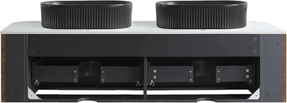 60" Floating Bathroom Vanity with Double Black Sink, Walnut | Pre-Assembled Fluted Wall Mounted Double Sink Vanity with Sintered Stone Countertop, Soft-Close Drawers & Towel Rack