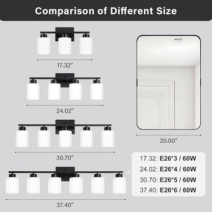 FonmYim Black Bathroom Light Fixtures Vanity Lights Over Mirror | Modern 6-Light lighting fixtures for bathroom with Milky White Frosted Glass Shades, E26 Socket (Bulbs Not Included)