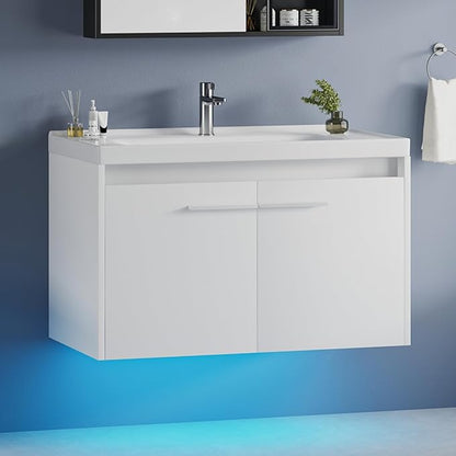 4ever2buy 31" Floating Bathroom Vanity with Sink, Modern White Bathroom Vanity with LED Light, Wall Mounted Sink Cabinet with 2 Doors, White