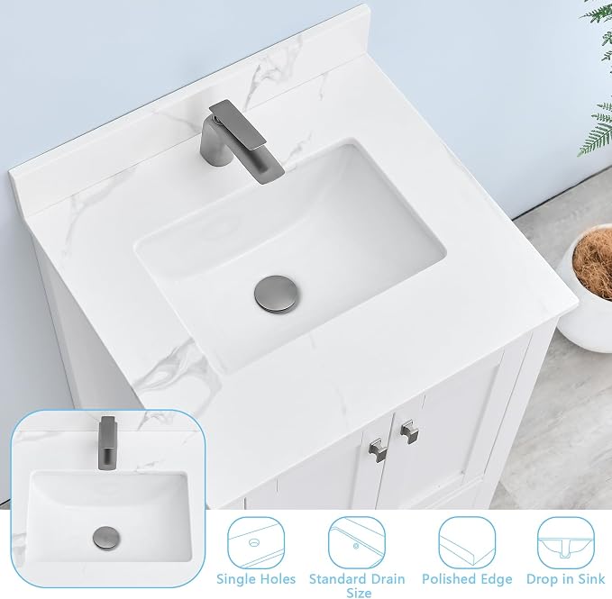 24 in. W x 22 in D Quartz Vanity Top in Calacatta Rocky, Vanity Sink Top with Assembled Single Drop-in Sink, Pre-Drilled Single Faucet Hole Countertop with 4" H Backsplash