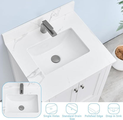24 in. W x 22 in D Quartz Vanity Top in Calacatta Rocky, Vanity Sink Top with Assembled Single Drop-in Sink, Pre-Drilled Single Faucet Hole Countertop with 4" H Backsplash