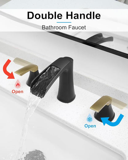 Fapully Bathroom Faucet 3 Hole, Waterfall 8 Inch Widespread Bathroom Sink Faucet with Pop-up Drain, Matte Black&Gold Two-Handle Faucets for Bathroom Sink