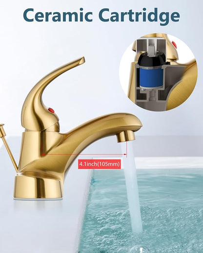 4-Inch Centerset Bathroom Sink Faucet with Drain, Brushed Gold | Single-Handle Vanity Faucet with Lift Rod Drain, 24-Inch Supply Lines, 1.2 GPM, 3-Hole Deck Mount, Easy Installation