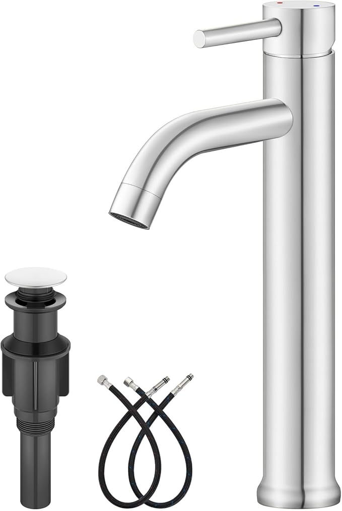 Aolemi Vessel Sink Faucet – SUS304 Stainless Steel Tall Bathroom Faucet,Single Lever Handle,1 Hole Bathroom Faucets with Supply Lines and Pop Up Drain,Polish Chrome