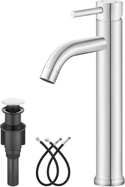 Aolemi Vessel Sink Faucet – SUS304 Stainless Steel Tall Bathroom Faucet,Single Lever Handle,1 Hole Bathroom Faucets with Supply Lines and Pop Up Drain,Polish Chrome
