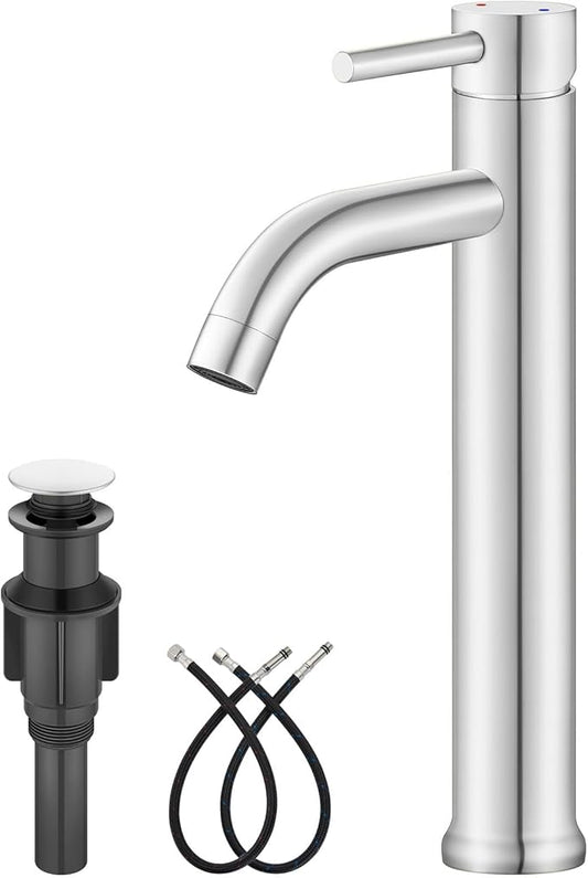 Aolemi Vessel Sink Faucet – SUS304 Stainless Steel Tall Bathroom Faucet,Single Lever Handle,1 Hole Bathroom Faucets with Supply Lines and Pop Up Drain,Polish Chrome