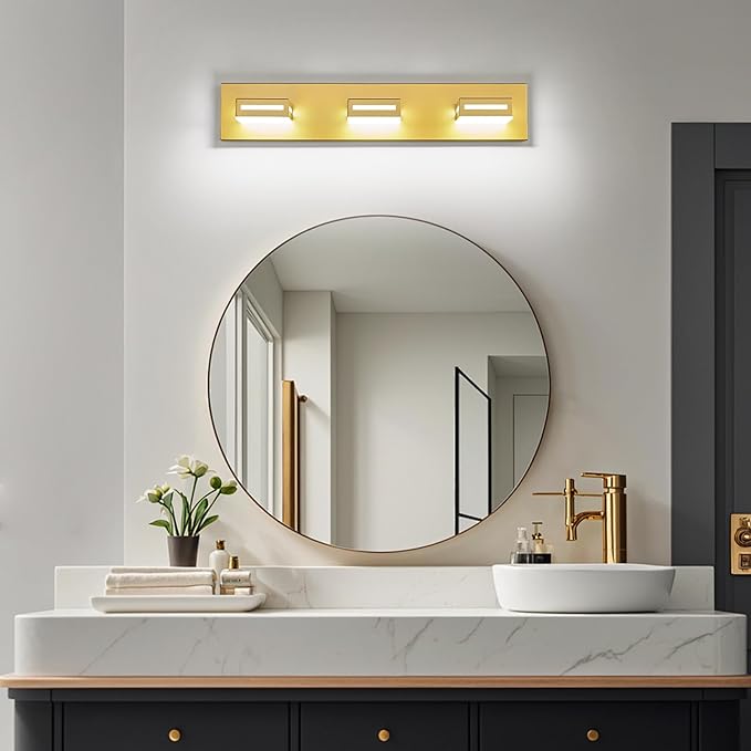 LED Modern Bathroom Light Fixtures, 3-Light 24-Inch Gold Vanity Lights for Bathroom Lighting Fixtures Over Mirror, 350° Rotatable Acrylic, 6000K Cool White Wall Lamp