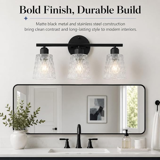 3-Light Black Bathroom Vanity Light Over Mirror, Modern Wall-Mounted Fixture with Textured Glass Shades and Stainless Steel Construction, E26 Sockets (Bulbs Not Included)