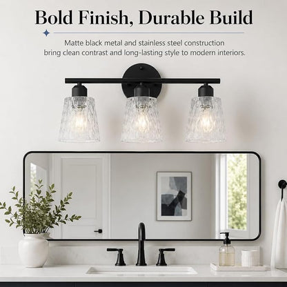 3-Light Black Bathroom Vanity Light Over Mirror, Modern Wall-Mounted Fixture with Textured Glass Shades and Stainless Steel Construction, E26 Sockets (Bulbs Not Included)