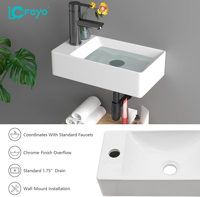 Small Bathroom Sink - 15"x9" Wall Mount Rectangular Ceramic Vessel Sink White Porcelain Floating Vanity Sink for Tiny Bathrooms with Faucet & Drain Combo (Left Hand Bowl Options)