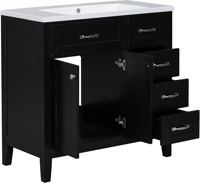 36 Inch Bathroom Vanities with Undermount Ceramic Sink, Storage Cabinet with Soft Closing Doors and Three Drawers, Solid Wood Frame, Black