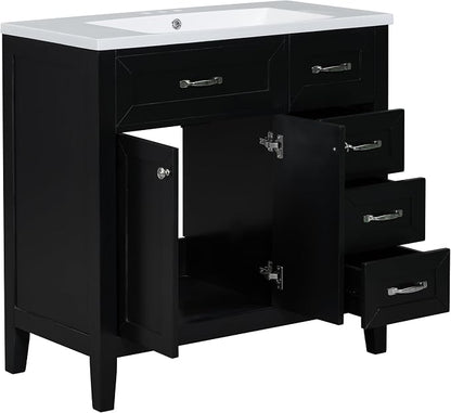 36 Inch Bathroom Vanities with Undermount Ceramic Sink, Storage Cabinet with Soft Closing Doors and Three Drawers, Solid Wood Frame, Black