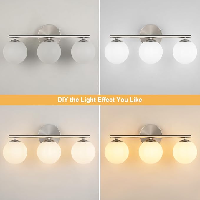 foucasal Brushed Nickel 3-Light Globe Vanity Light Fixture Over Mirror | G9 Socket, Plastic Milk Globe Shades, 4.72" Base, 10W Max, Adjustable Up/Down Light, Mid Century Style for Bathroom Bedroom