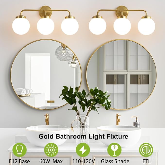 Bathroom Light Fixtures 22.4in 3-Light Brushed Gold Vanity Light for Mirror | Bathroom Lighting Fixtures over Mirror, ETL, Brushed Brass Wall Sconce, Dimmable E12 Base Max 60W, Milky Glass Ball Shades