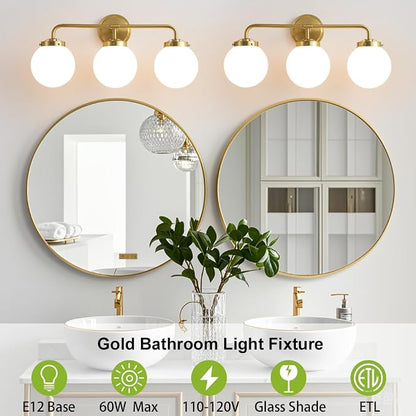 Bathroom Light Fixtures 22.4in 3-Light Brushed Gold Vanity Light for Mirror | Bathroom Lighting Fixtures over Mirror, ETL, Brushed Brass Wall Sconce, Dimmable E12 Base Max 60W, Milky Glass Ball Shades