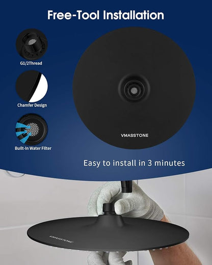 Rain Shower Head VMASSTONE 9In High Pressure Showerhead - Tool Free Installation- with Large Spray Surfaces and 200 Nozzles for Delicate and Unstimulate Shower Experience (EM-001 Matte Black/Black)