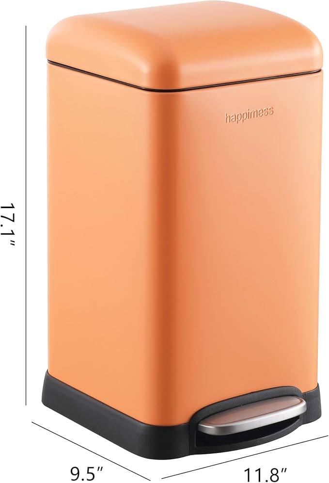 happimess Betty Retro Mini 3.2 Gal Step Trash Can, Carrot Cake | Soft-Close Lid, Removable Liner, Iron, Hands-Free Pedal, Satin Finish, Non-Skid Base, Built-In Damper, Modern, Minimalistic
